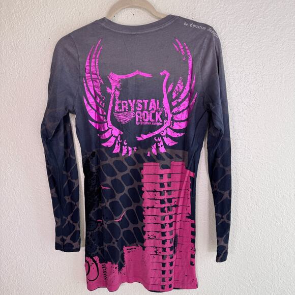 Christian Audigier Crystal Rock Y2K Shirt Women Large Rocker Girl Tee Tunic Top - Picture 2 of 13